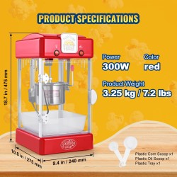Popcorn-kone pöytämalli 300W 2,5 unssin kattila punainen polypropeeniovi kaksi kauhaa tarjotin
