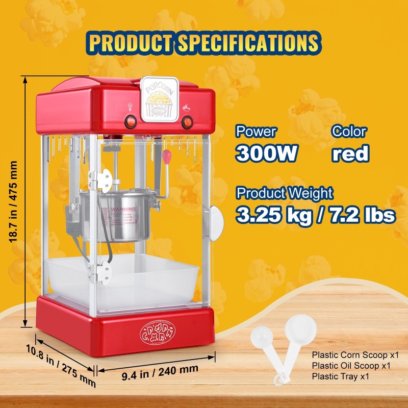 Popcorn-kone pöytämalli 300W 2,5 unssin kattila punainen polypropeeniovi kaksi kauhaa tarjotin