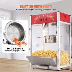 Pöytämallinen popcornkone 1615W 16 unssin kattila karkaistut lasipaneelit punainen