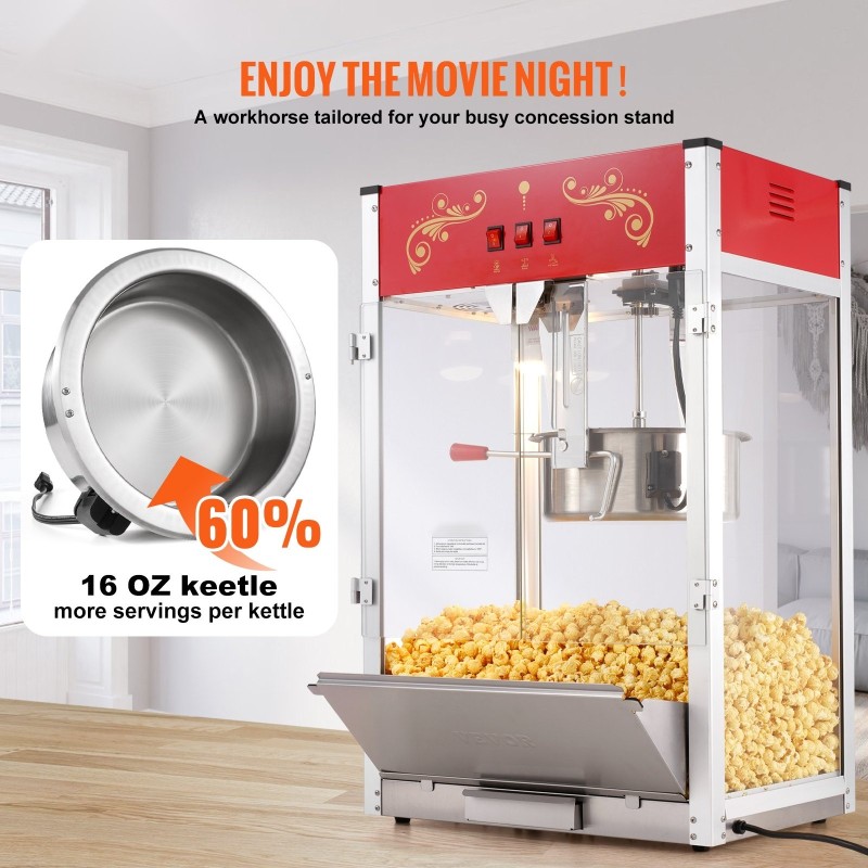 Pöytämallinen popcornkone 1615W 16 unssin kattila karkaistut lasipaneelit punainen
