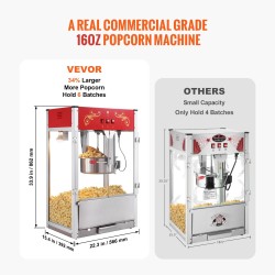 Pöytämallinen popcornkone 1615W 16 unssin kattila karkaistut lasipaneelit punainen