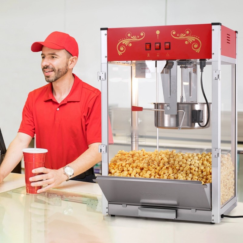 Pöytämallinen popcornkone 1615W 16 unssin kattila karkaistut lasipaneelit punainen
