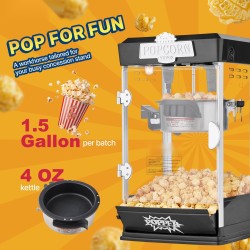 Pöytämallinen popcorn-laite 480 wattia 0,12 litran kattila 5,7 litran erä musta
