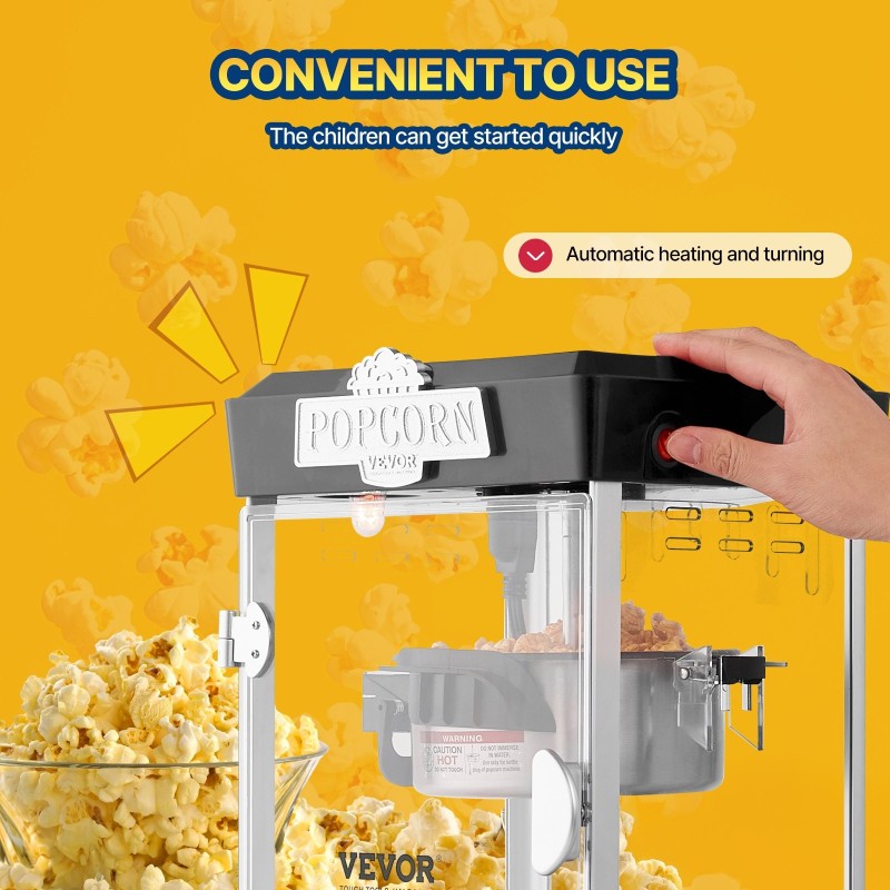Pöytämallinen popcorn-laite 480 wattia 0,12 litran kattila 5,7 litran erä musta