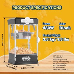 Pöytämallinen popcorn-laite 480 wattia 0,12 litran kattila 5,7 litran erä musta
