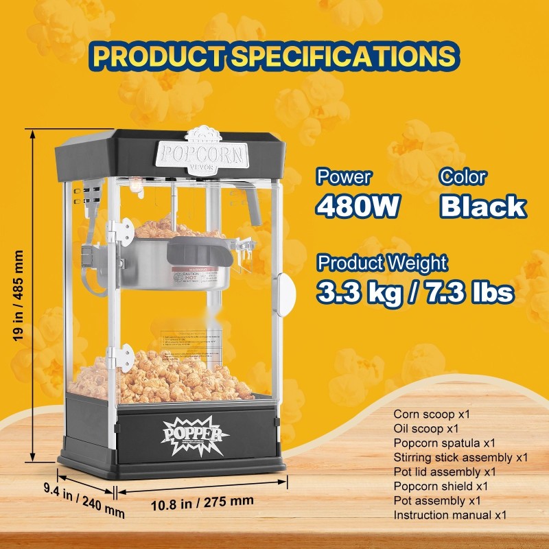 Pöytämallinen popcorn-laite 480 wattia 0,12 litran kattila 5,7 litran erä musta