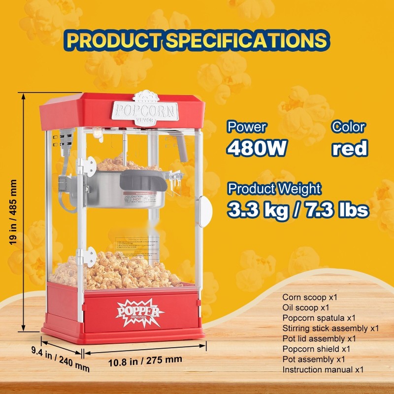 Popcorn-kone pöytämalli 480W 4 unssin kattila 1,5 gallonaa erässä punainen