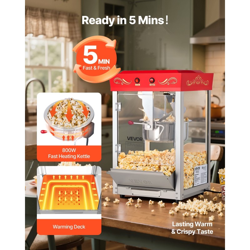Pöytämallinen popcorn-kone 304 ruostumaton teräs 0,2 kg kattila 800W 48 kupillista