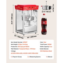 Pöytämallinen popcorn-kone 304 ruostumaton teräs 0,2 kg kattila 800W 48 kupillista