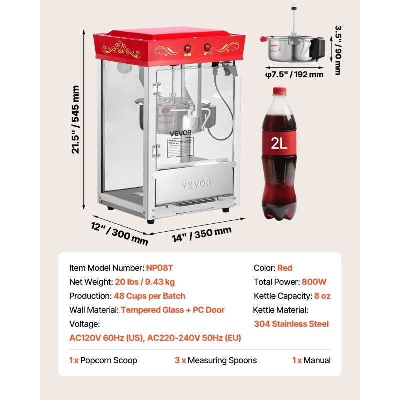 Pöytämallinen popcorn-kone 304 ruostumaton teräs 0,2 kg kattila 800W 48 kupillista
