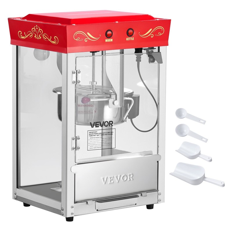 Pöytämallinen popcorn-kone 304 ruostumaton teräs 0,2 kg kattila 800W 48 kupillista