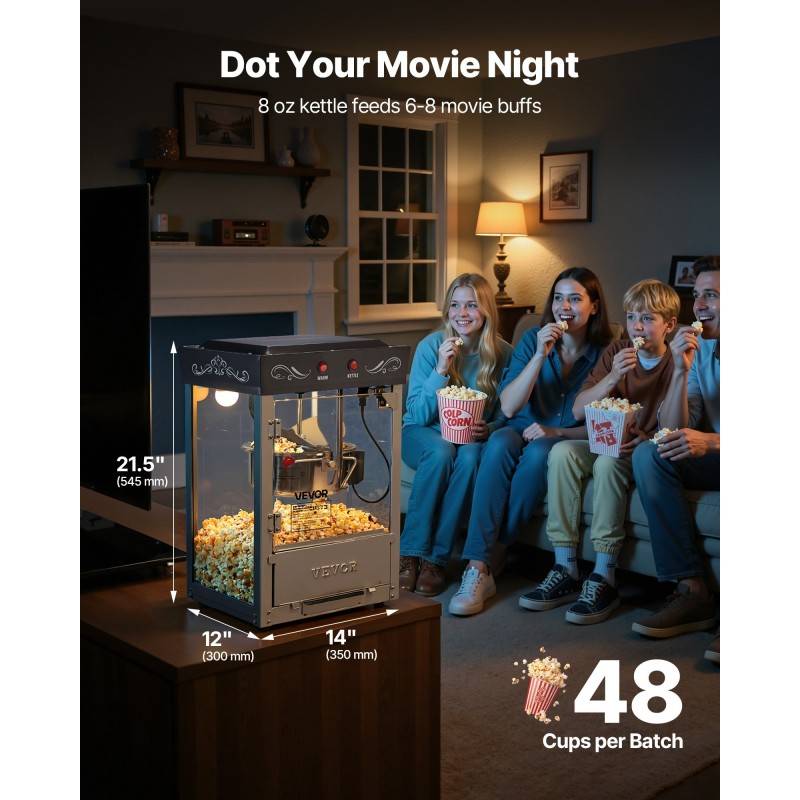 Popcorn-kone 304-ruostumaton teräs 0,2 kg kattila 800 W 48 kupillista erää kohti