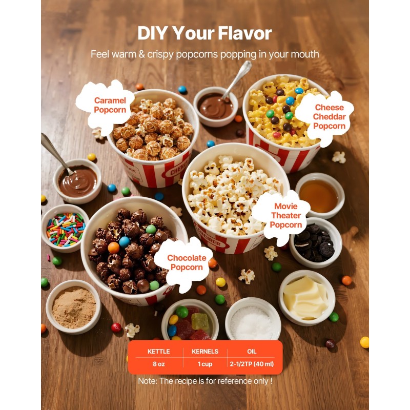 Popcorn-kone 304-ruostumaton teräs 0,2 kg kattila 800 W 48 kupillista erää kohti