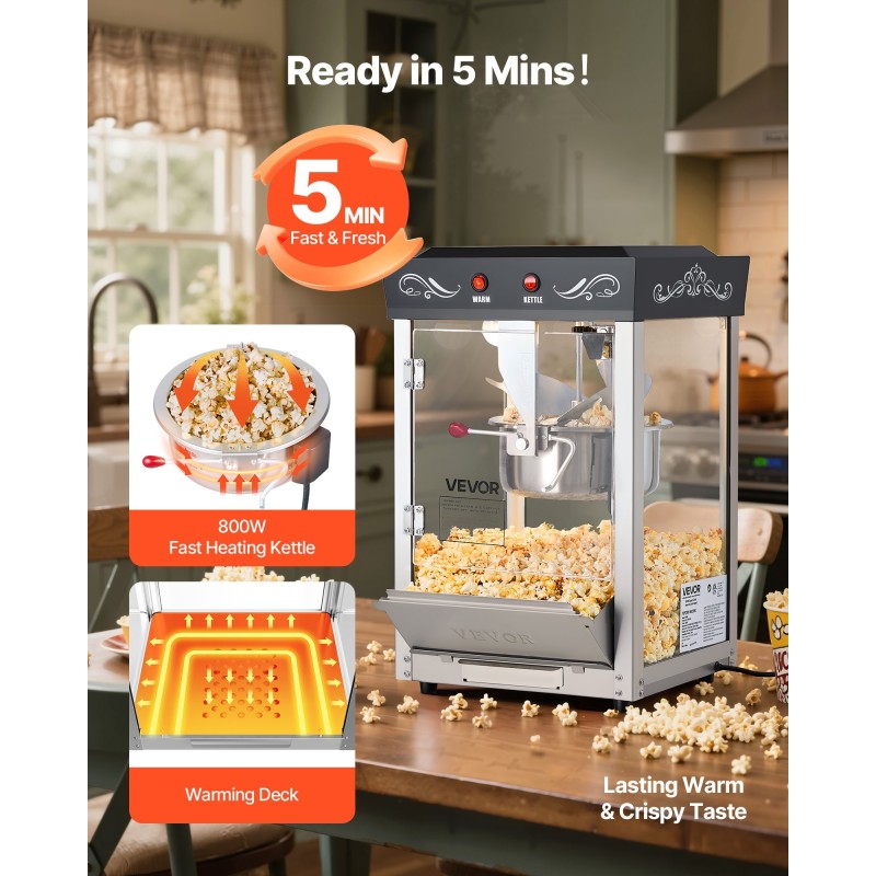 Popcorn-kone 304-ruostumaton teräs 0,2 kg kattila 800 W 48 kupillista erää kohti