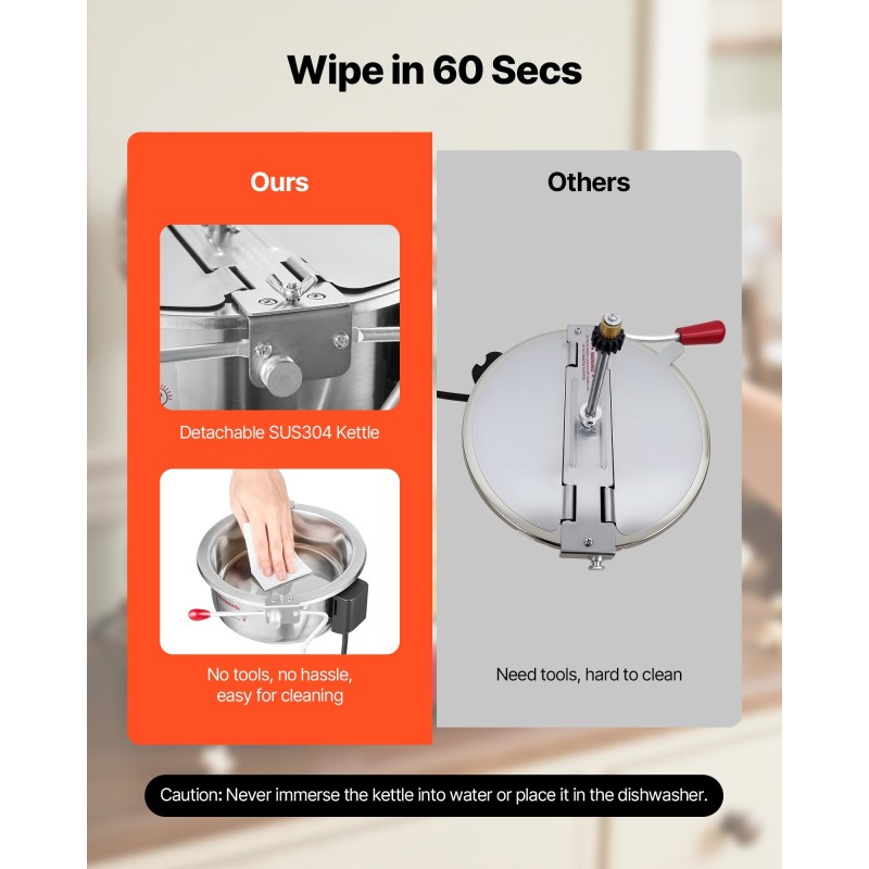 Popcorn-kone 304-ruostumaton teräs 0,2 kg kattila 800 W 48 kupillista erää kohti