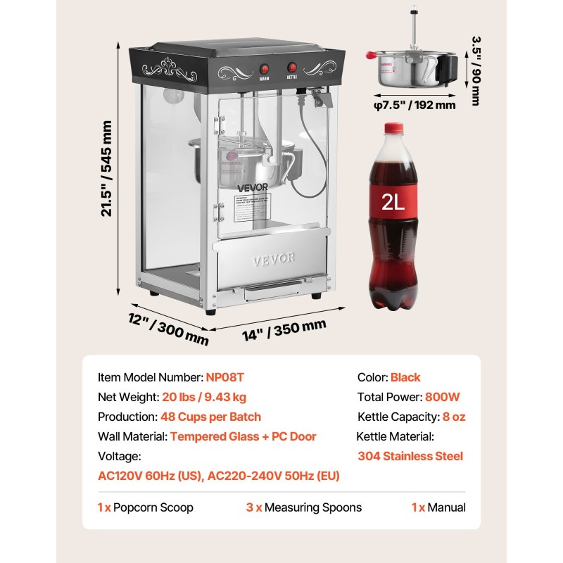 Popcorn-kone 304-ruostumaton teräs 0,2 kg kattila 800 W 48 kupillista erää kohti