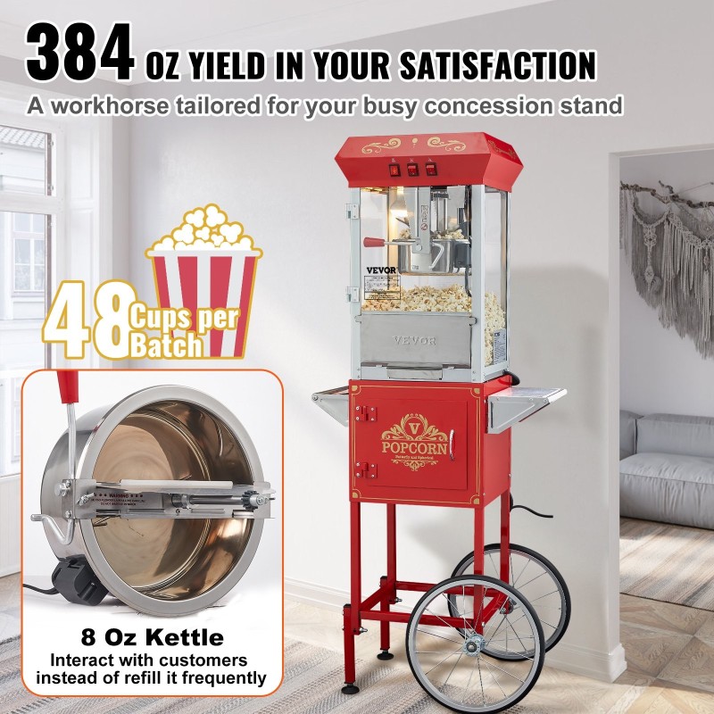 Popcorn-kone kärryllä 850 W teho 8 unssin kattila karkaistut lasiseinät punainen
