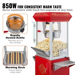 Popcorn-kone kärryllä 850 W teho 8 unssin kattila karkaistut lasiseinät punainen