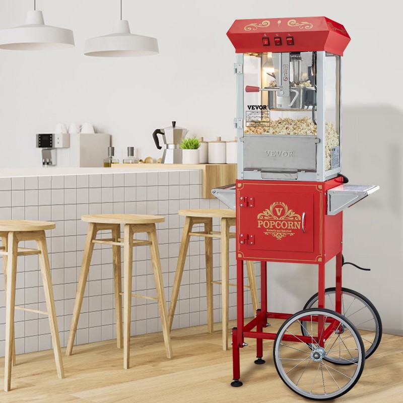 Popcorn-kone kärryllä 850 W teho 8 unssin kattila karkaistut lasiseinät punainen