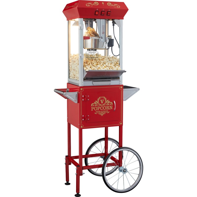 Popcorn-kone kärryllä 850 W teho 8 unssin kattila karkaistut lasiseinät punainen