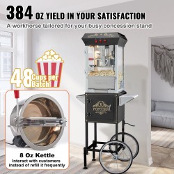 Popcornkone kärryllä 850 wattia 8 unssin kattila 48 kupin erä musta
