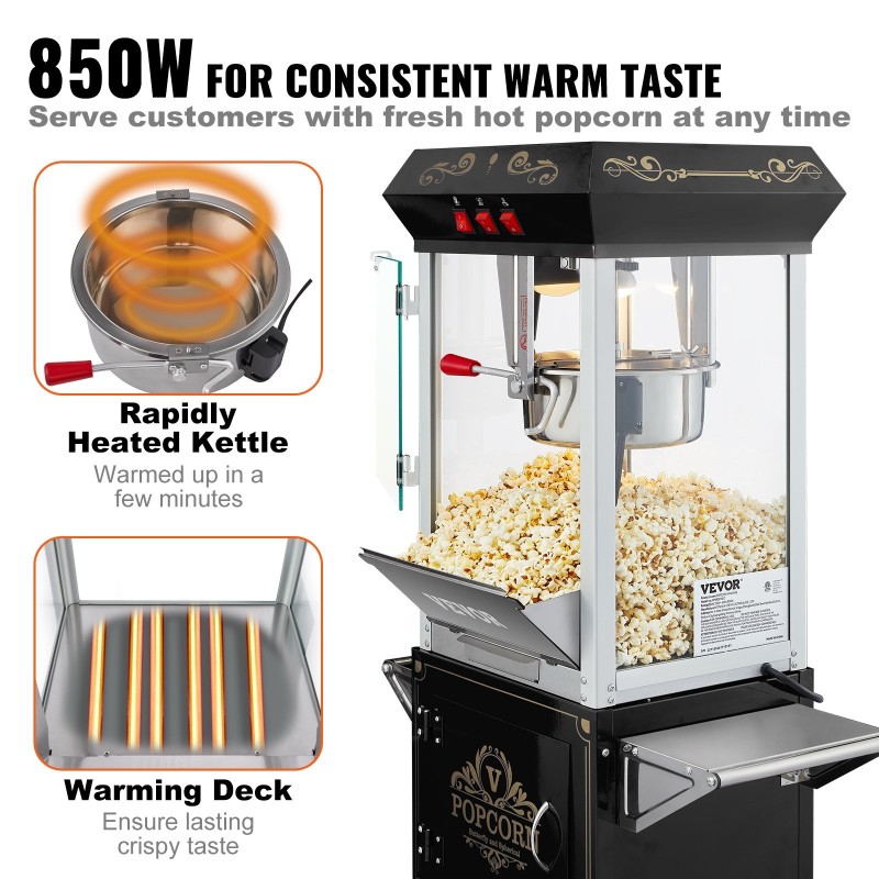 Popcornkone kärryllä 850 wattia 8 unssin kattila 48 kupin erä musta