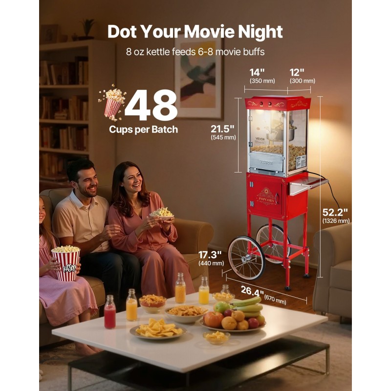 Popcorn-kone kärryllä 304-ruostumaton teräskattila 0,2 kg 800 W 48 kupillista