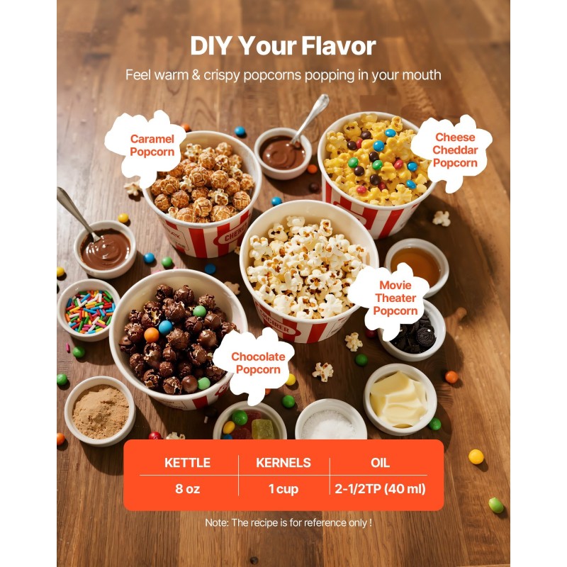 Popcorn-kone kärryllä 304-ruostumaton teräskattila 0,2 kg 800 W 48 kupillista