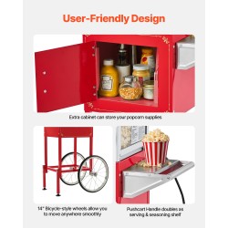 Popcorn-kone kärryllä 304-ruostumaton teräskattila 0,2 kg 800 W 48 kupillista