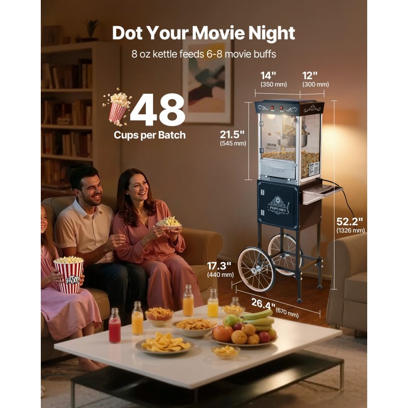Popcorn-kone kärryllä 0,2 kg ruostumaton teräskattila 48 kuppia per erä