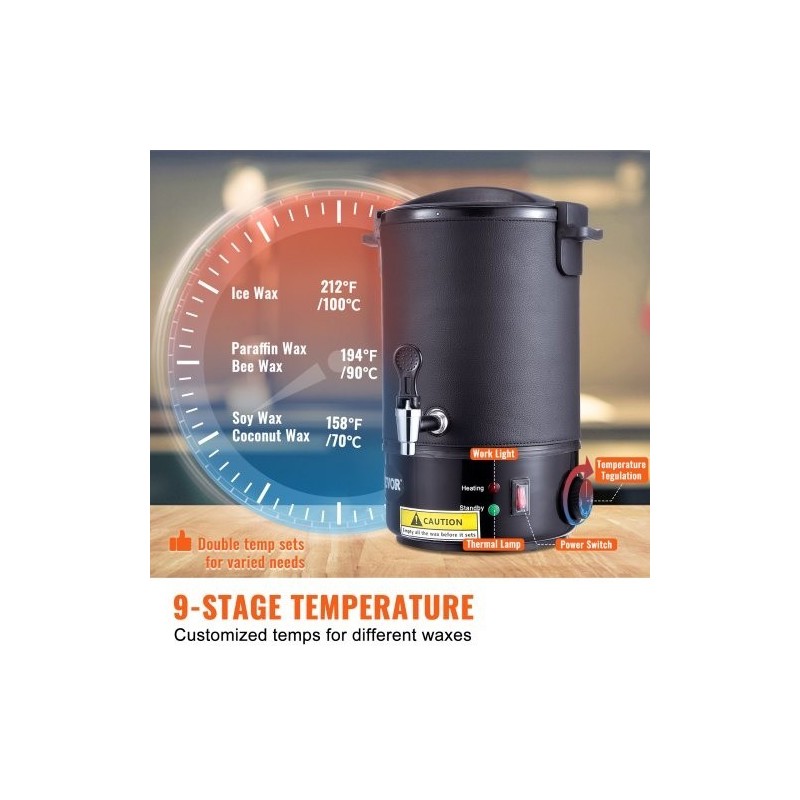 Sähköinen vahansulatin 6,5 l ruostumaton terässäiliö säädettävä lämpötila 30–110 °C kynttilänvalmistukseen