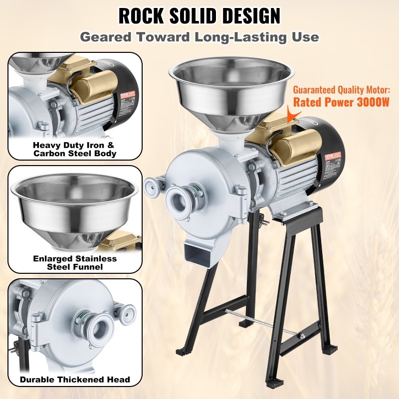 Sähköinen viljamylly 3000W 50 kg tunnissa ruostumaton teräs säädettävä jauhatuskarkeus