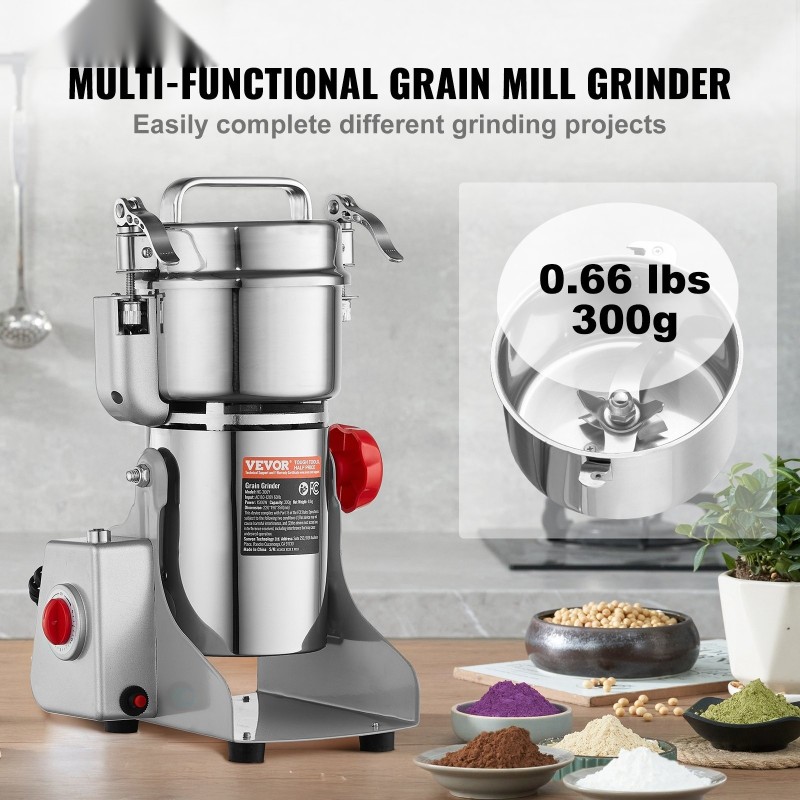Sähköinen viljamylly 300 grammaa 1500 wattia ruostumattomasta teräksestä kuiville viljoille ja mausteille