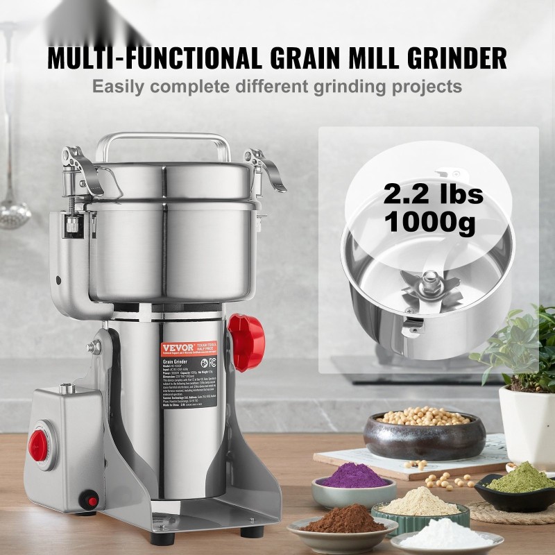 Sähkökäyttöinen viljamylly 3000W 1000 g ruostumatonta terästä kuiville viljoille ja mausteille