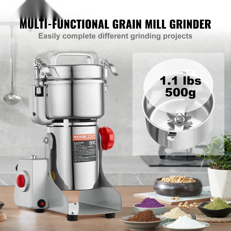 Sähköinen viljamylly 500 g 2000W ruostumaton teräs kuiville viljoille ja mausteille