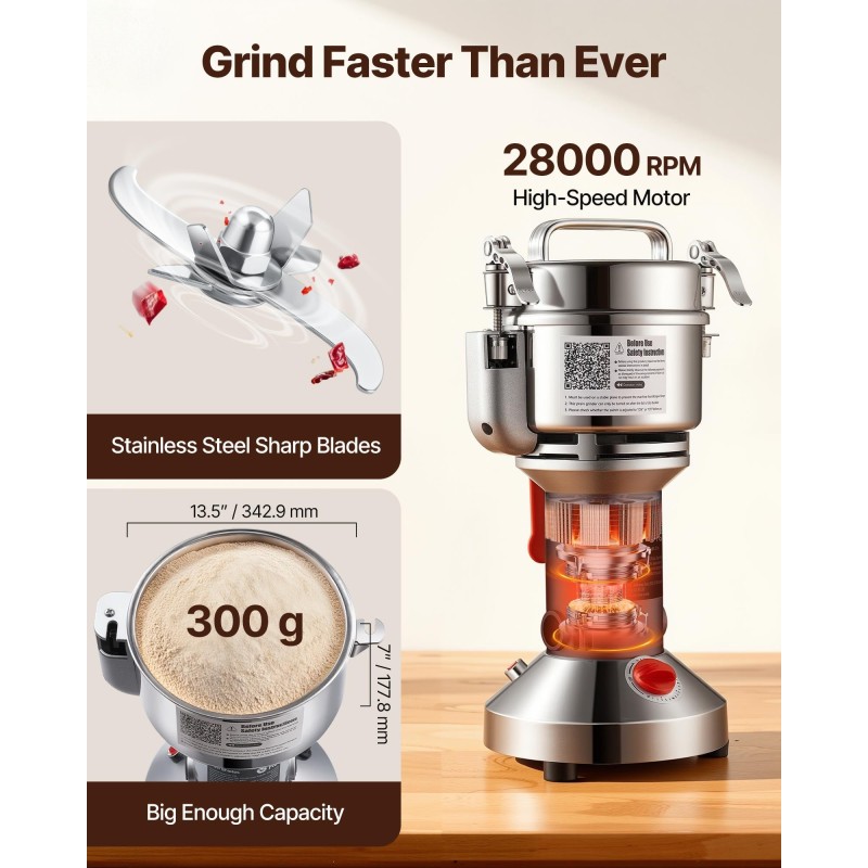Sähköinen viljamylly 300 g 1500 W ruostumaton teräs viljat mausteet kahvi