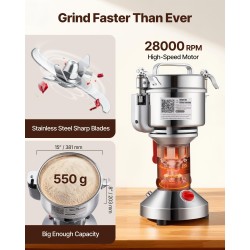 Sähköinen viljamylly ruostumatonta terästä 550 g 2000W pystymallinen kahville ja mausteille