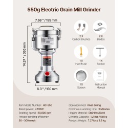 Sähköinen viljamylly ruostumatonta terästä 550 g 2000W pystymallinen kahville ja mausteille