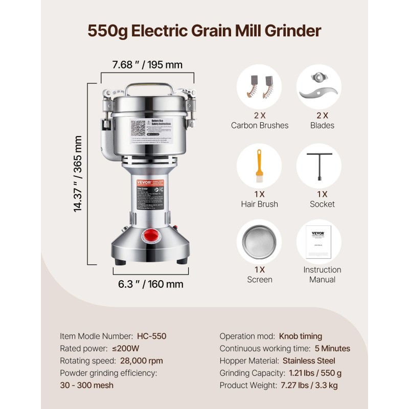 Sähköinen viljamylly ruostumatonta terästä 550 g 2000W pystymallinen kahville ja mausteille