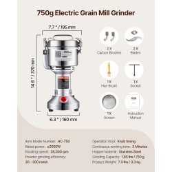 Sähköinen viljamylly 750 gramman kapasiteetti 2000 watin teho ruostumaton teräs pystymalli