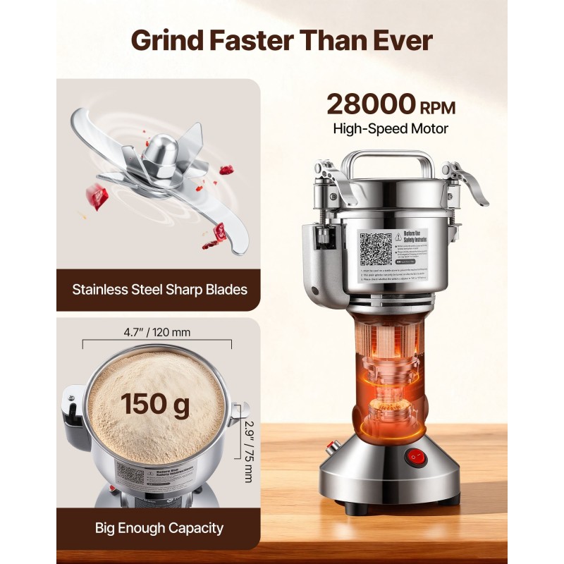 Sähkökäyttöinen viljamylly ruostumattomasta teräksestä 150 grammaa 850 wattia kuiville jyville ja mausteille