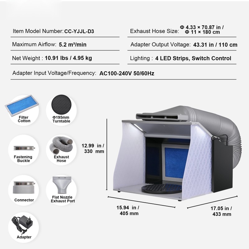 Taitettava ilmasivellinsuihkutuskoppi neljällä LED-nauhalla kaksinkertaisilla puhaltimilla 180 cm poistoletkulla pienoismallien