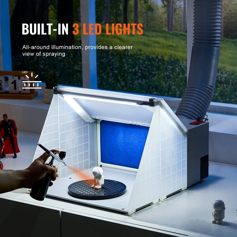 Ruiskumaalauskotelo taittuva kannettava kolmella LED-valolla ja pidennettävällä poistoletkulla pienoismalleille