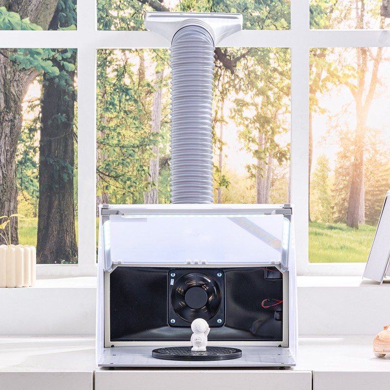 Ruiskumaalauskotelo taittuva kannettava kolmella LED-valolla ja pidennettävällä poistoletkulla pienoismalleille