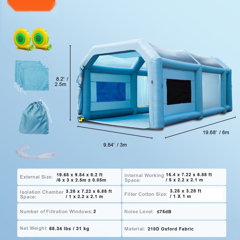 Puhallettava maalausteltta 210D Oxford kangas 6x3x2,5 m suodatinjärjestelmä 2 puhallinta