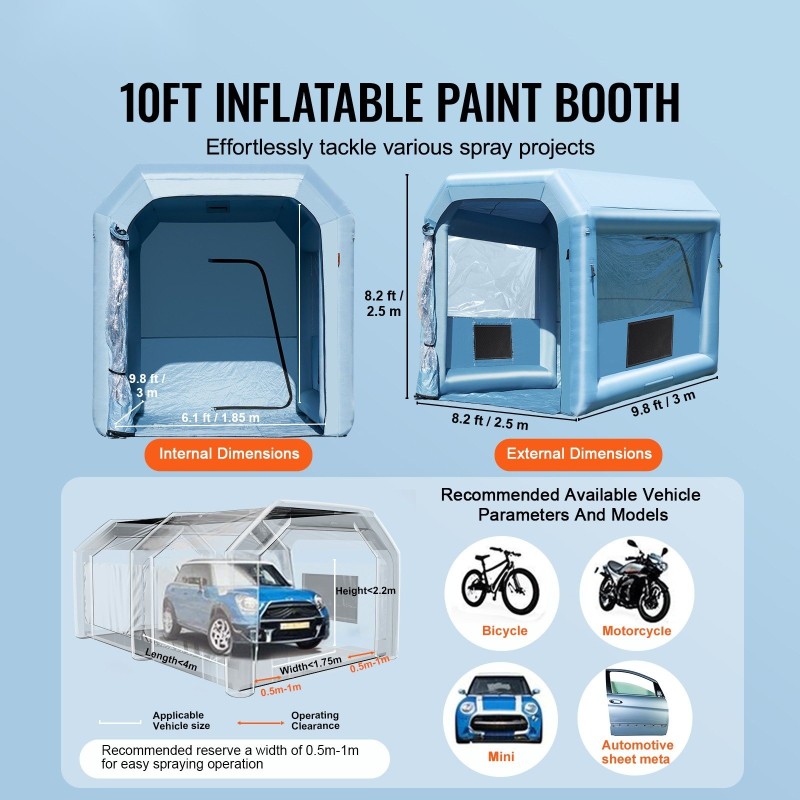 Puhallettava maalausteltta Oxford-kangasta 3 x 2.5 x 2.5 m moottoripyörille 550 W