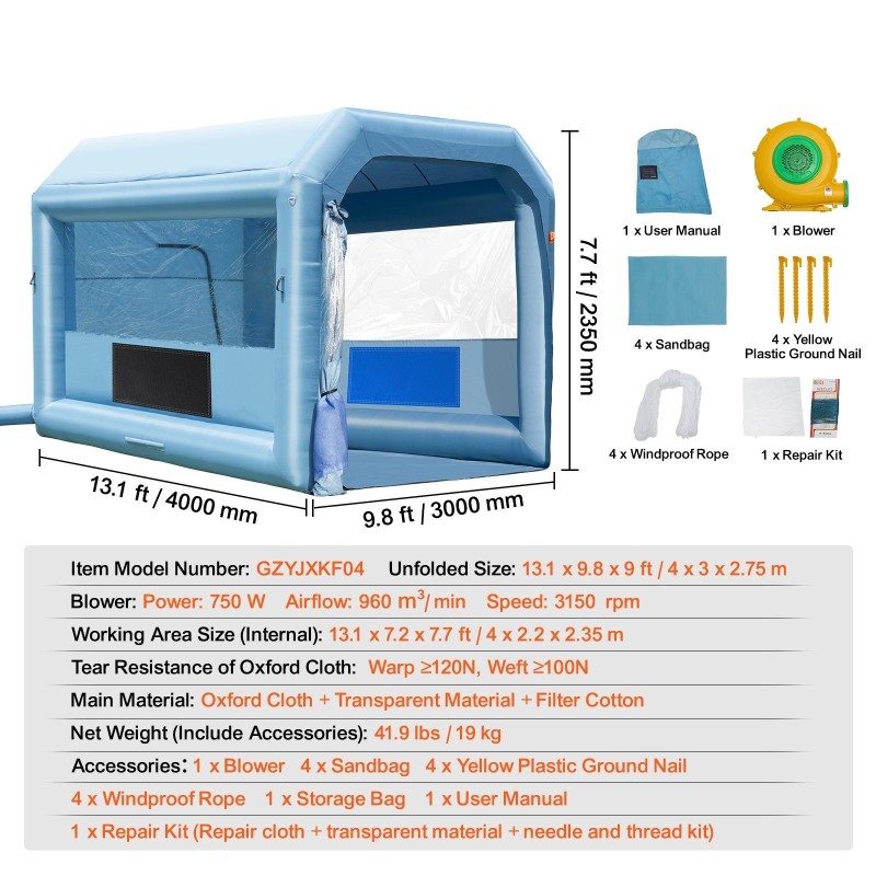 Puhallettava maalausteltta Oxford-kangas 4x3x2,75 m 750 watin puhallin aktiivihiilisuodatin