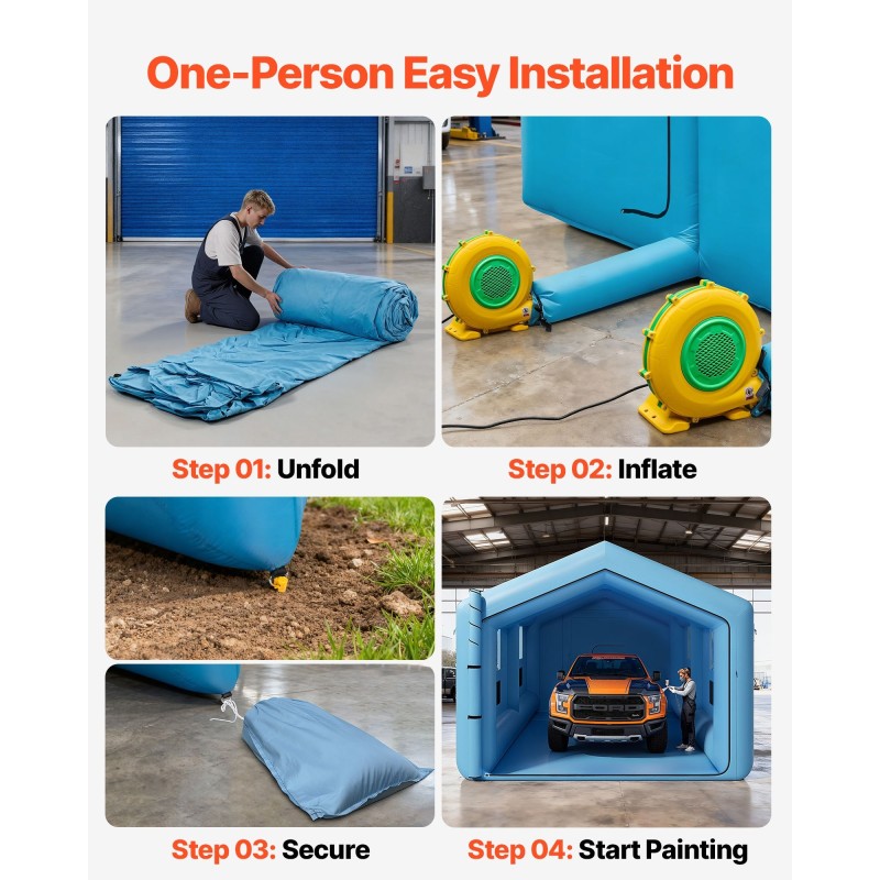 Täytettävä maalausteltta 12x5x4 metriä oxford-kangas kolmiokatto ilmanpuhdistus