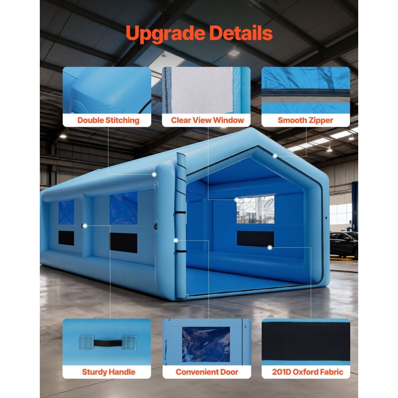 Täytettävä maalausteltta 12x5x4 metriä oxford-kangas kolmiokatto ilmanpuhdistus