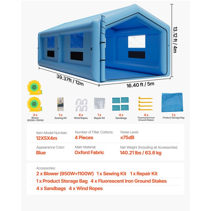 Täytettävä maalausteltta 12x5x4 metriä oxford-kangas kolmiokatto ilmanpuhdistus